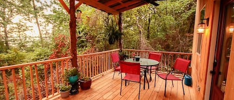 Tin covered porch with Lakeview. GReat spot to sip your morning coffee and listen to the birds chirping in the trees! Feels like your in a treehouse!