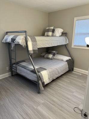 Bedroom with bunk beds. Twin on top and full on bottom.