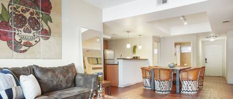 Living room with comfortable seating and smart tv