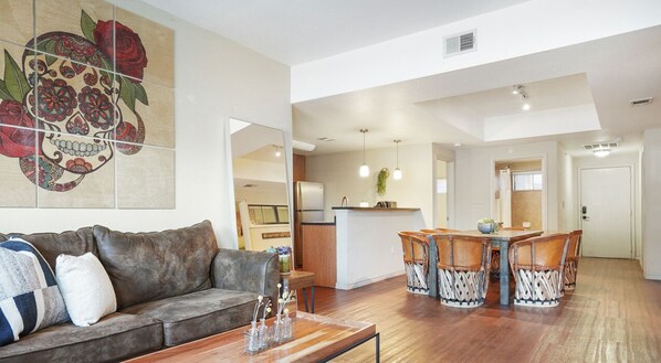 Living room with comfortable seating and smart tv