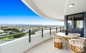 Spacious balcony with the river and the city views