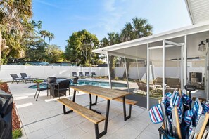 All new natural gas fire table, gas grill, picnic table w/patio umbrella (not pictured), beach wagon (4 chairs, beach umbrella, cooler, mini table, beach toys, beach towels).