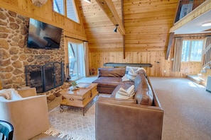 melt into the leather sofa, sitting by the wood burning fireplace.