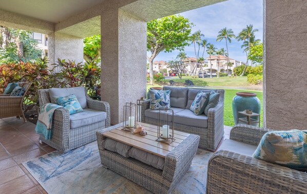 Front lanai overlooking koi pond and waterfall