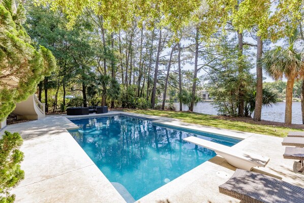 Spacious private pool with diving board