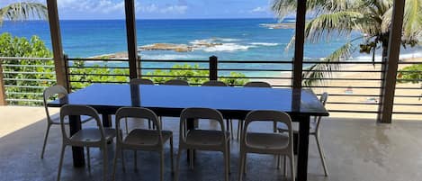 1,000 square foot lanai/deck overlooking the white sands of Three Tables Beach.