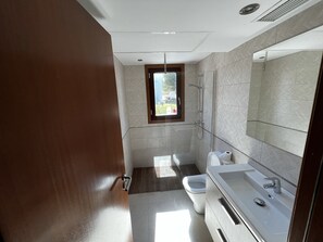 Upstairs and downstairs shower/toilet suite.