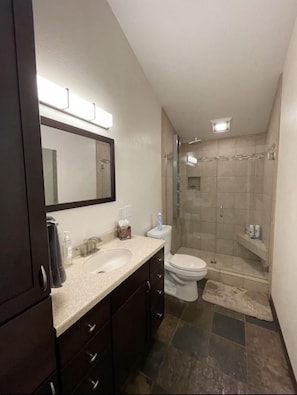 Large bathroom with heated towel rack and spa like shower