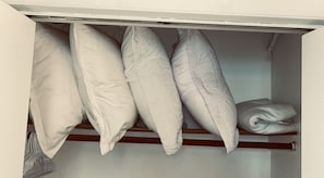 Second bedroom closet has four extra pillows and a spare quilt blanket.