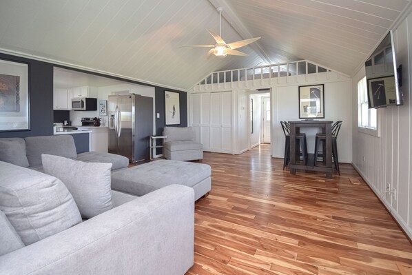 Open floor plan with dining area.