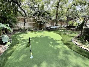 Professionally turfed backyard and putting green at Casa del Paraiso 