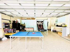 Gaming garage - ping pong, electronic pinball, basketball toss, foosball, & more