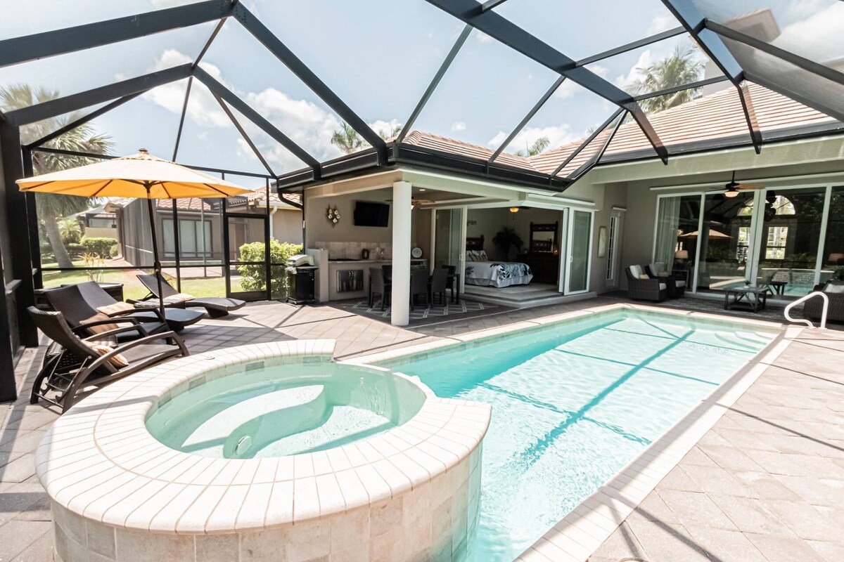 Newly Listed Briarwood Upscale home with two primary suite-heated pool & spa- entertaining area w/TV