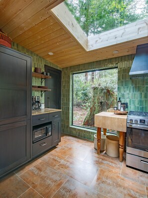 Gaze out the kitchen window at this beautiful old growth stump, w/spot lighting.