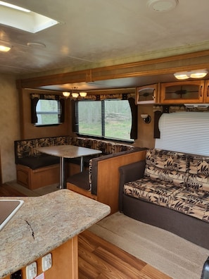 Spacious kitchen and living room area.