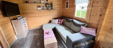 TV-Ecke mit Schlafsofa und Apple HomePod