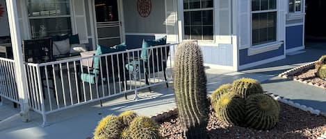 Superstition Mountain View from front patio outside & kitchen inside