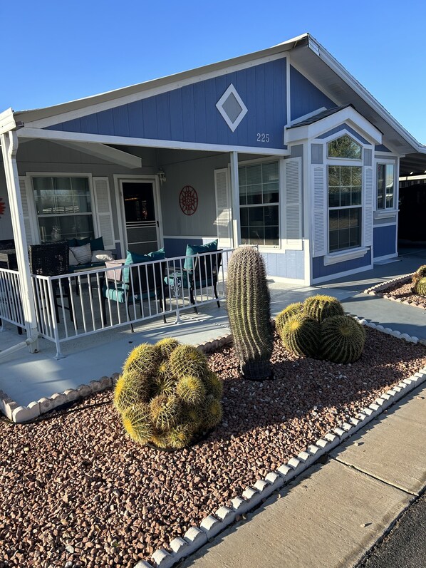 Superstition Mountain View from front patio outside & kitchen inside