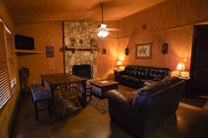 Living + dining area with fireplace