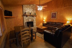 Living + dining area with fireplace