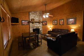 Living + dining area with fireplace