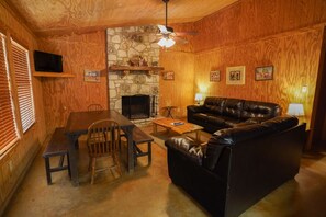 Living + dining area with fireplace