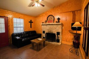 Living room view with fireplace