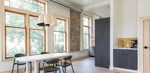 Fully equipped modern kitchen, coffee bar.