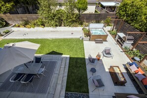 View from above shows layout of beautiful backyard and all it has to offer