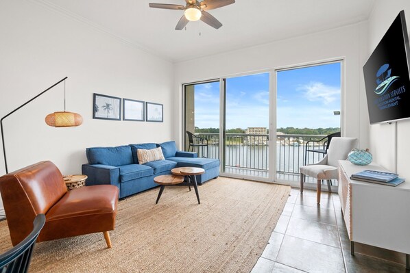 Cozy living room with a stunning view of the water