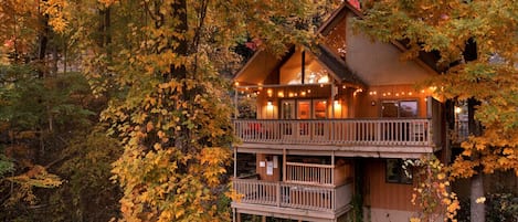 Stunning treehouse-style cabin surrounded by vibrant fall colors!