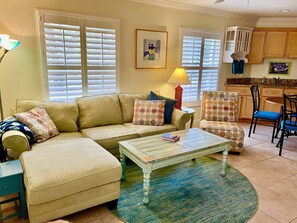 Inviting, comfortable living area, books, games, cable tv.