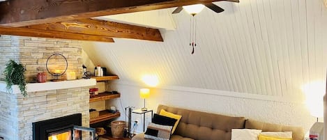 Vue du salon et du foyer au bois
