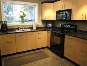 large well equipped kitchen with all black appliances