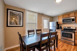 Fully stocked kitchen with eat in area plus washer / dryer in unit