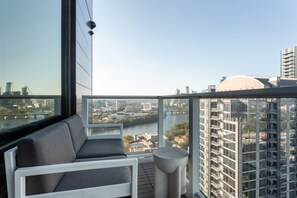 Stunning city and lake views from the 24th floor condo balcony.