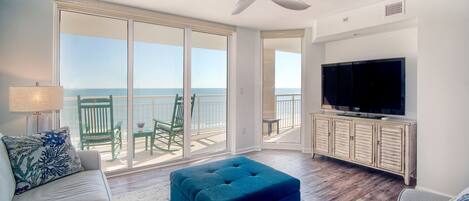 The ocean front living room is fabulous for movie night with the family.