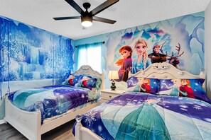 "Unlock the magic of Arendelle in our enchanting Frozen-themed bedroom. From Elsa's shimmering snowflakes to Anna's warm embrace, every detail is designed to transport your family into the heart of this beloved tale. It's the perfect retreat for your littl