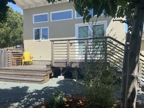 Deck and front door of detached studio
