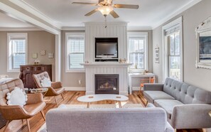 Living room with cozy fireplace