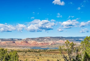 View from front porch of Abiquiu Lake and Red Rocks.