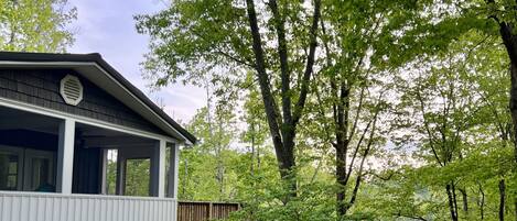 Side view of the house - charcoal grill located on the concrete pad