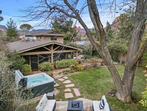 Beautiful back yard with hot tub firepit
