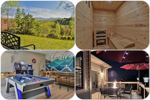 Back yard, sauna, game room and sundeck with fire-pit table