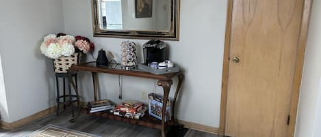 Fully stocked coffee station located in dining area