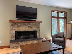 Living Area with gas fireplace, Smart TV, sitting area and views of the back yard