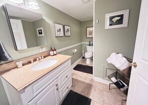Full bathroom with Jacuzzi tub and shower.