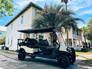 On-site. luxury 6-seater, street-legal golf cart--available for rent! 