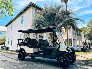 On-site. luxury 6-seater, street-legal golf cart--available for rent! 