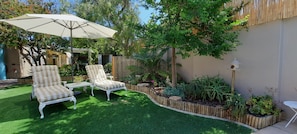 Sun loungers on artificial lawn with cacti garden area 